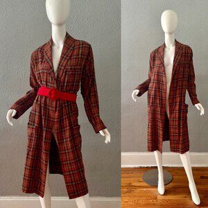 Vintage 80s Cotton Flannel Plaid Open Grunge House Coat Duster Jacket
